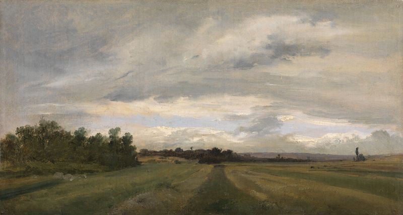 Landschaft de Théodore Rousseau, óleo sobre lienzo que muestra un paisaje tranquilo con árboles y colinas.