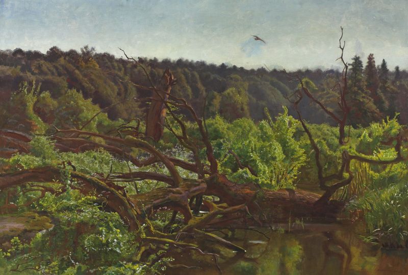 Deep Forest – Windthrows by Jozef Chelmonski, oil on canvas showing light filtering through trees.