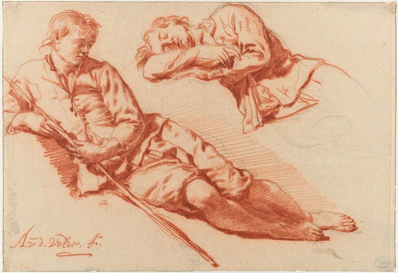Drawing by Adriaen van de Velde of a shepherd boy resting and awake.