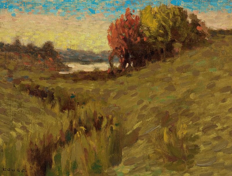 Landscape at Dawn, oil on canvas by Eanger Irving Couse, featuring a hazy horizon and pastel sky.