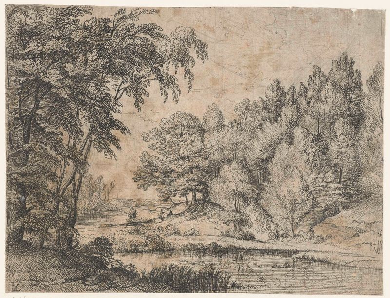 Landschap met een kronkelende rivier, etching by Lodewijk de Vadder depicting a winding river and tranquil landscape.