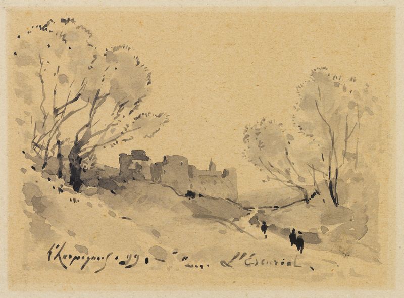 Vue de l’Escorial de Henri-Joseph Harpignies, pintura al óleo que representa un paisaje con el Escorial.