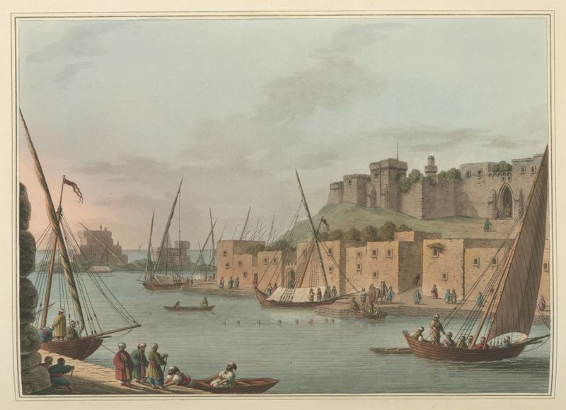 Castillo en la Isla de Tortosa de Luigi Mayer, acuarela sobre papel