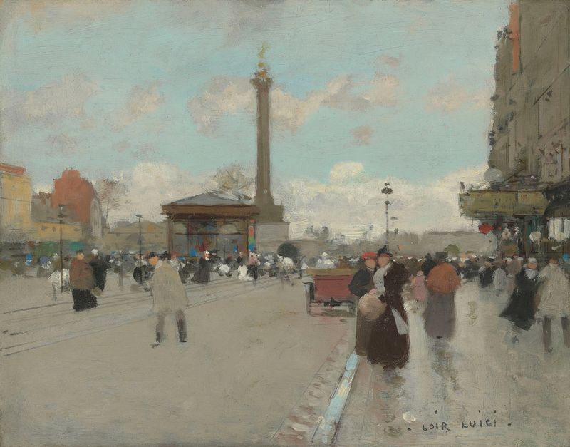 Place de la Bastille by Luigi Loir, Impressionism, depicting a sunset over cobblestones in Paris.