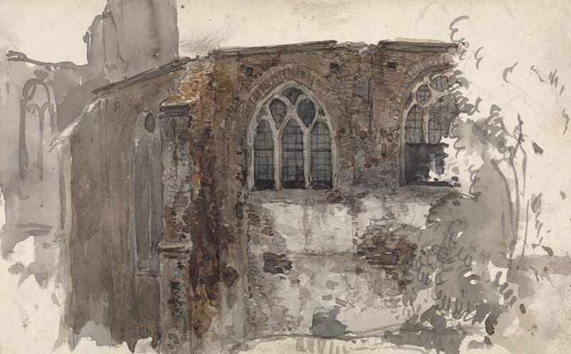 Ruïne van een kerk by Willem Anthonie van Deventer, oil on canvas depicting a decaying church.