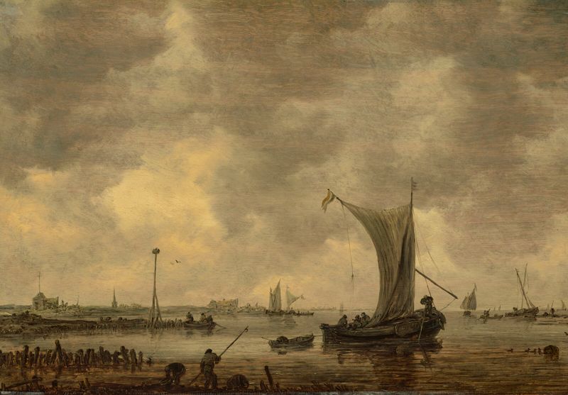 Un estuario fluvial con pescadores y barcos, pintura al óleo de Jan van Goyen