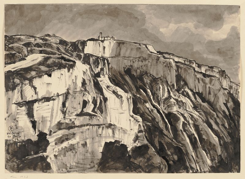 Paisaje de acantilados y cielo en óleo sobre lienzo de Hermann Lismann