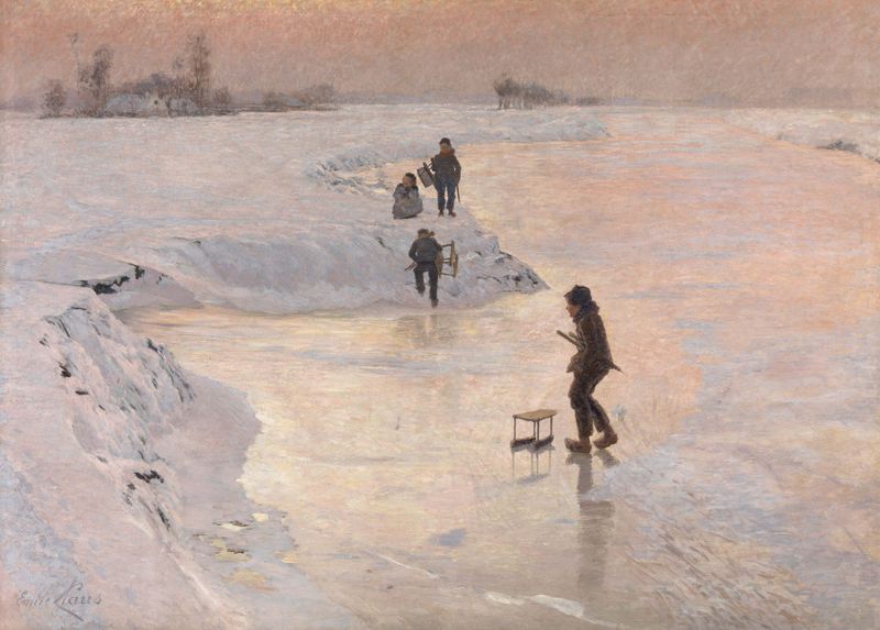 Skaters gliding on a frozen pond, oil on canvas by Emile Claus