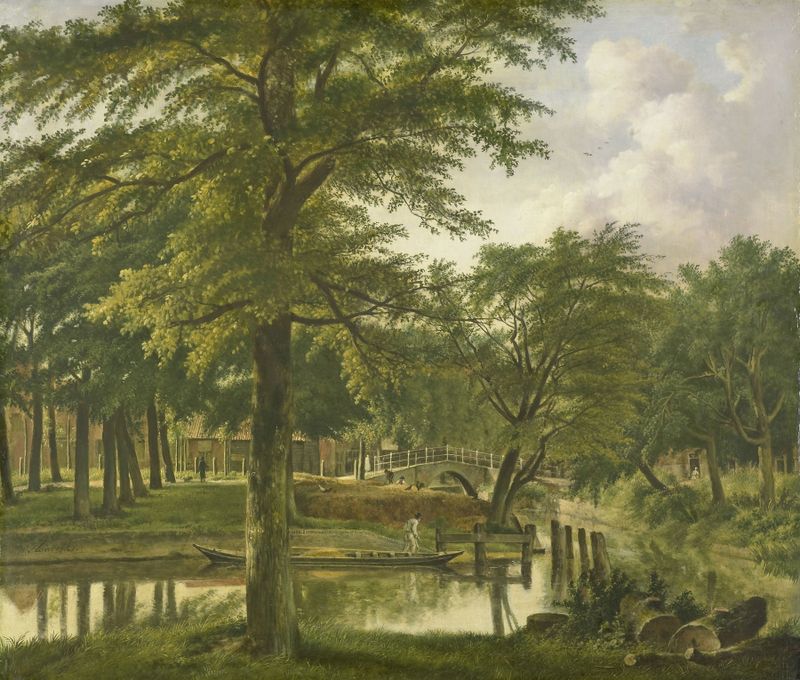 Landscape of the Nieuwe Gracht with water reflections by Wybrand Hendriks, oil painting