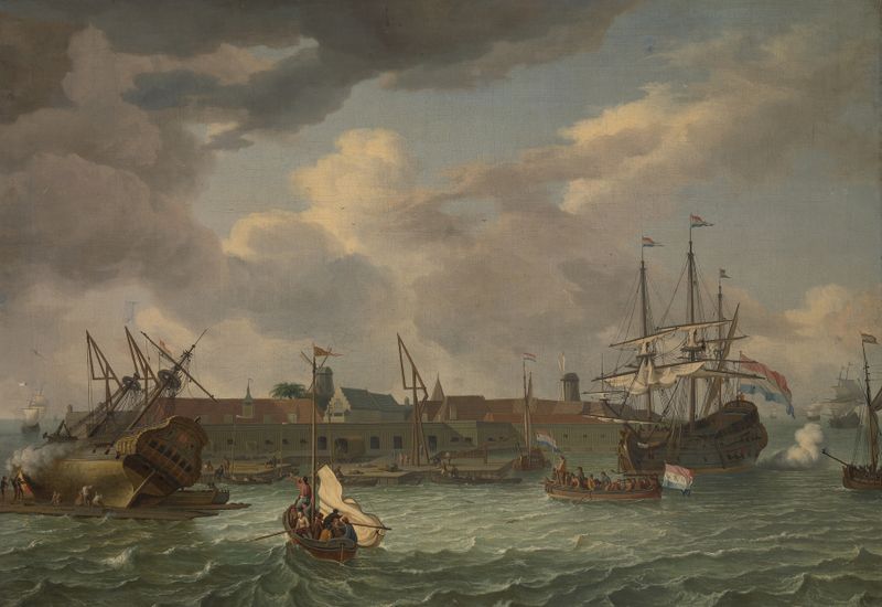 A ilha de Onrust perto de Batavia, óleo sobre tela de artista desconhecido