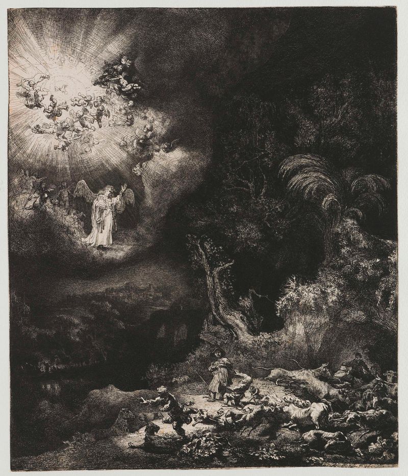 Grabado de Rembrandt van Rijn que muestra un ángel y pastores en caos.