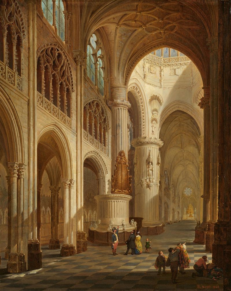 Die Kathedrale von Burgos de Bernard Neyt, óleo sobre tela mostrando torres intrincadas e luz dourada.