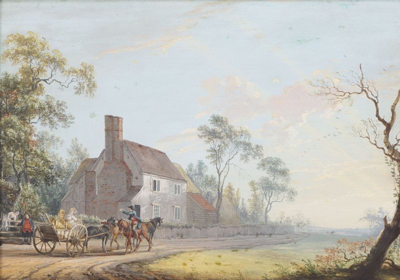 Paisagem com colinas onduladas em luz dourada, por Paul Sandby, pintura a óleo