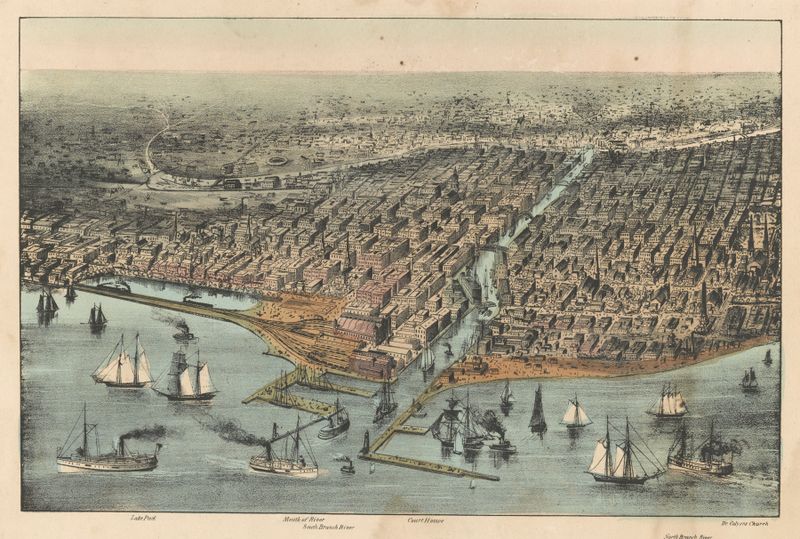 Escena de género que representa las bulliciosas calles de Chicago, grabado de Currier & Ives.