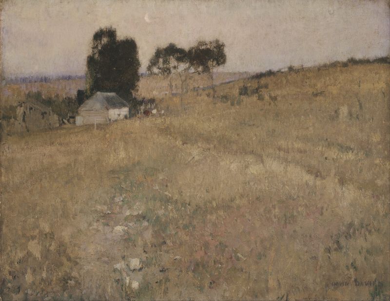 Impressionist landscape by David Davies depicting a sunset over rolling fields, oil painting