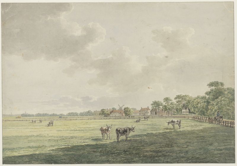 Landscape oil painting by Wybrand Hendriks showing a rural scene with greenery.