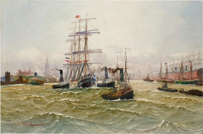 A Three-Master and Sail Boats with the French Flag in the Hamburg Harbour, óleo de Alfred Jensen