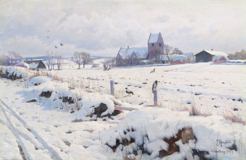 Pintura de paisaje invernal al óleo de Peder Mørk Mønsted con nieve y luz suave.