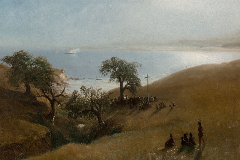 Estudio para la entrada a Monterey de Albert Bierstadt, óleo sobre lienzo que representa un paisaje montañoso al anochecer.