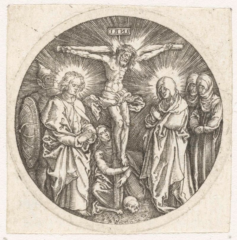 Gravura de Unknown Artist retratando a crucificação com luz e sombra dramáticas.