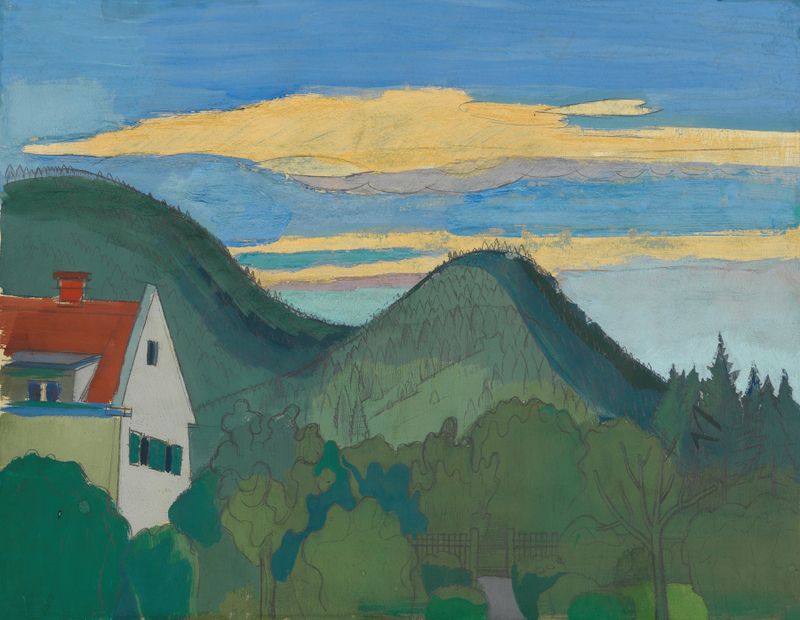 Haus in Waldlandschaft de Karl Wiener, óleo sobre tela retratando uma casa em uma floresta tranquila.