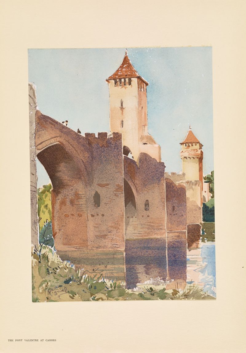 The Pont Valentré, Cahors by Pierre Vignal, oil painting depicting a stone bridge.