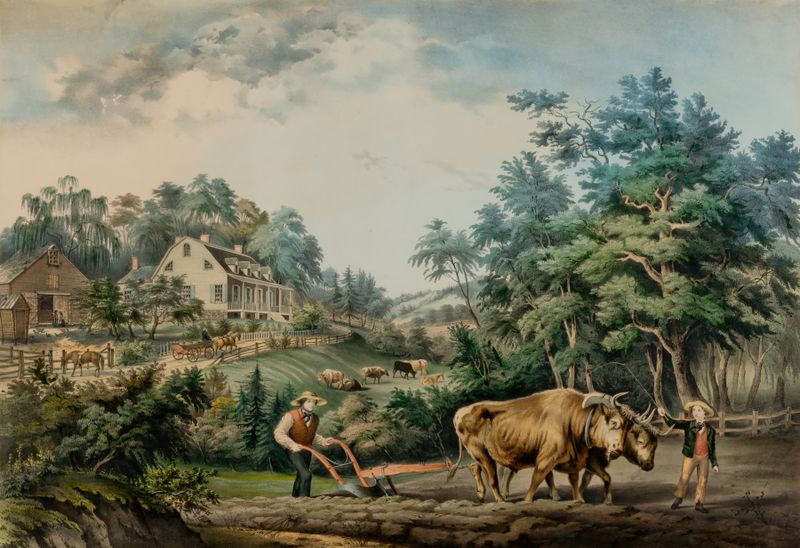Lithograph by Frances Flora Bond Palmer depicting a rural family working under a vast sky.