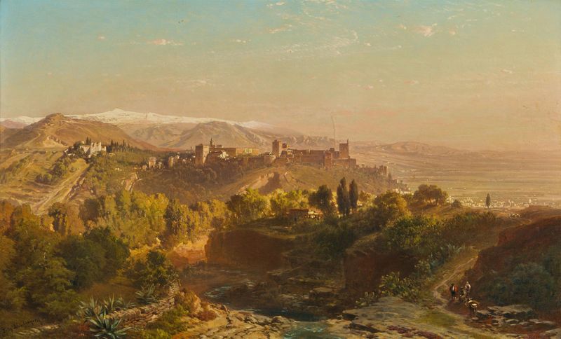 Landscape featuring hills and the Alhambra by Fritz Bamberger, oil painting