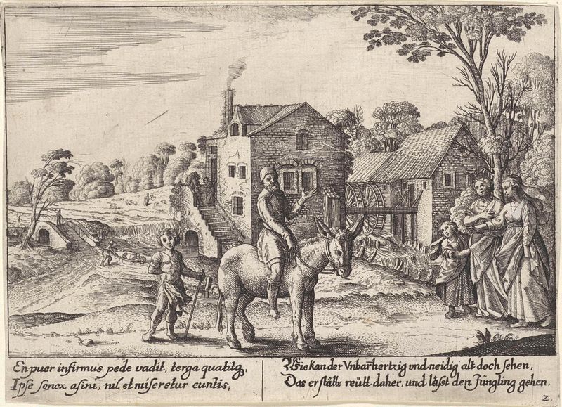 Grabado de Wenceslaus Hollar de un granjero en un burro con su hijo caminando.