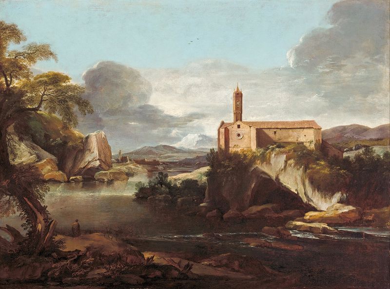 Rocky Valley de Jacques Courtois, óleo sobre lienzo que representa formaciones rocosas rugosas y luz natural.