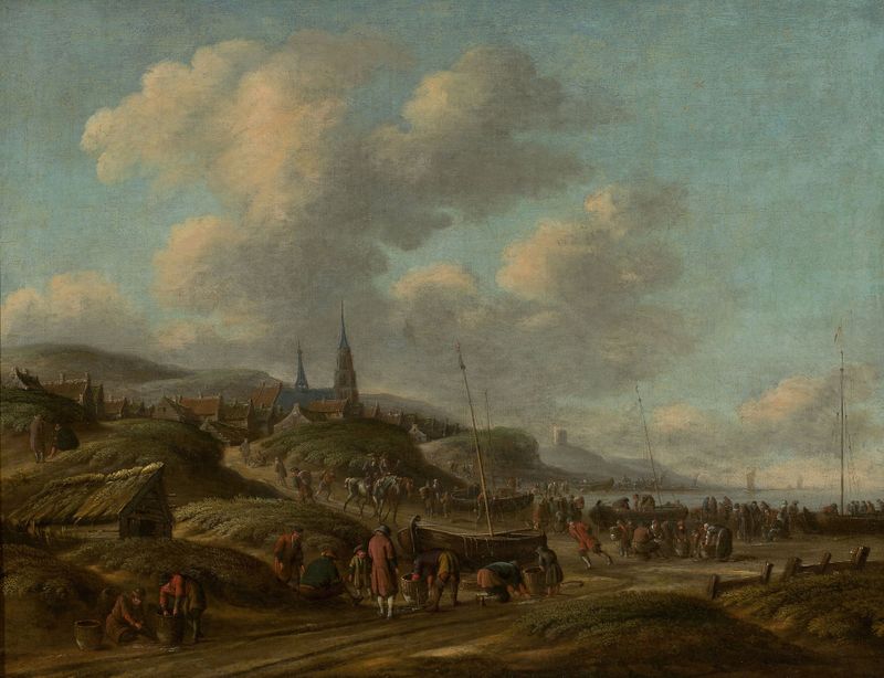 Coast in Scheveningen by Thomas Heeremans, oil on canvas, depicting figures by the sea and gentle waves.
