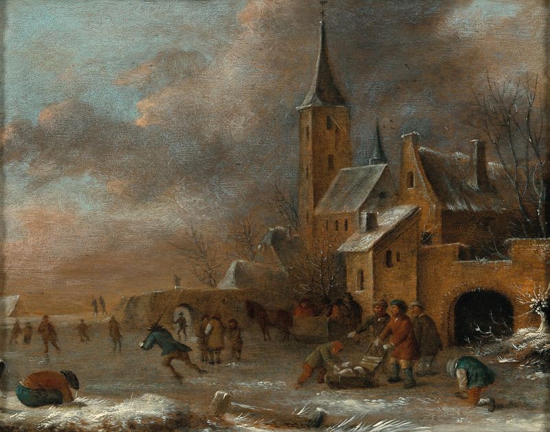 A winter landscape with skaters on the ice, oil on canvas by Nicolaes Molenaer