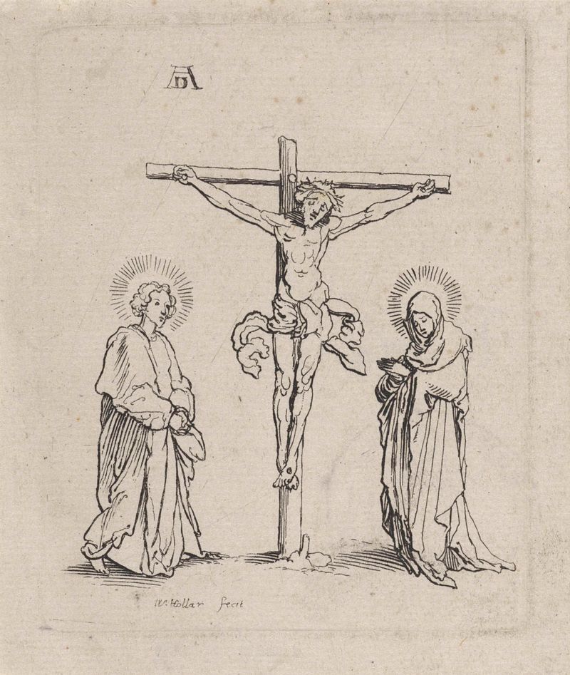Grabado de crucifixión de Wenceslaus Hollar con tonos sombríos y drapeados vibrantes.