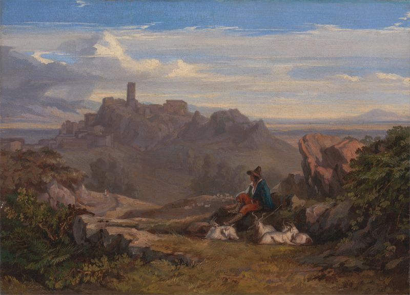 Landscape with Goatherd de Edward Lear, pintura a óleo que retrata um goatherd na natureza.