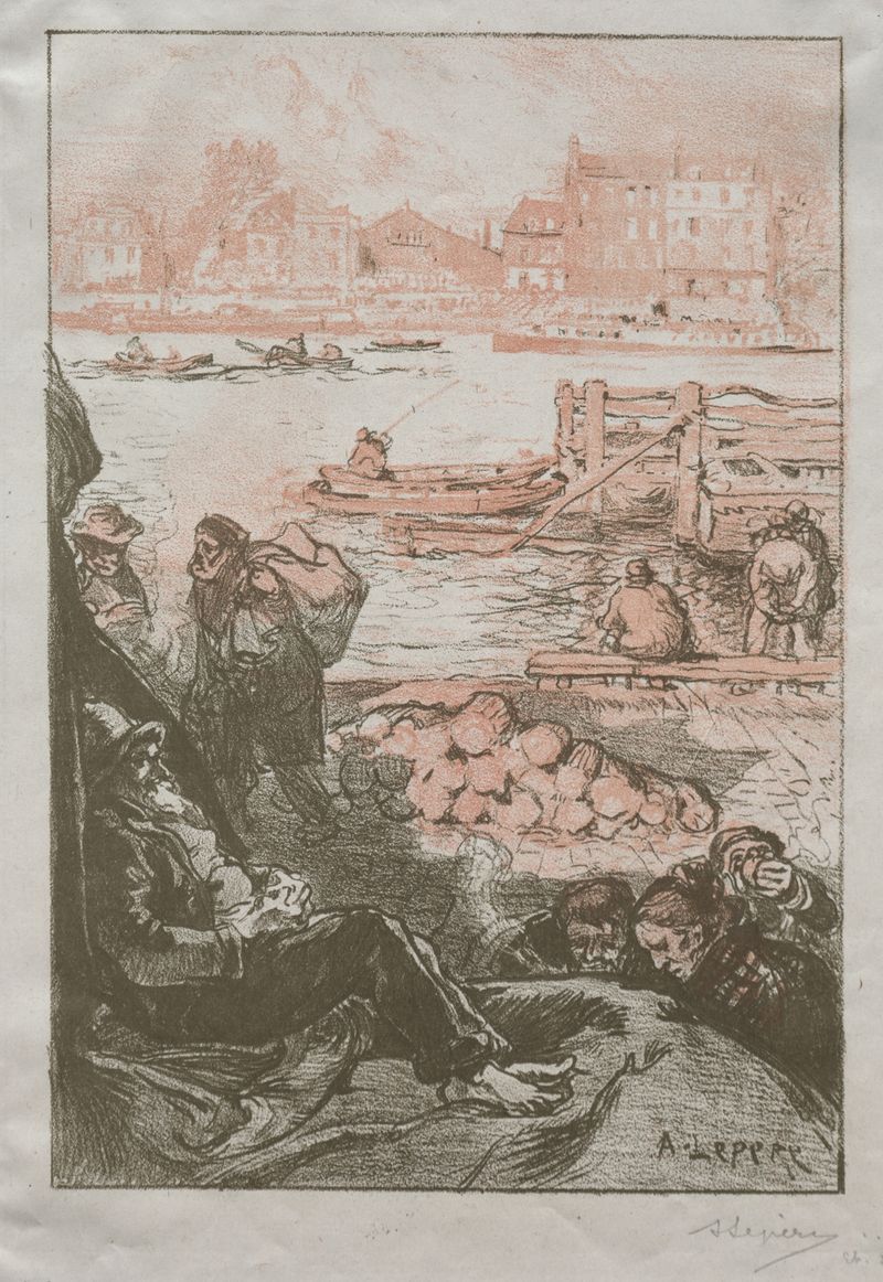 El Porteador del Río, Lunes de Auguste Louis Lepère, figura junto a un río, xilografía, 1897.