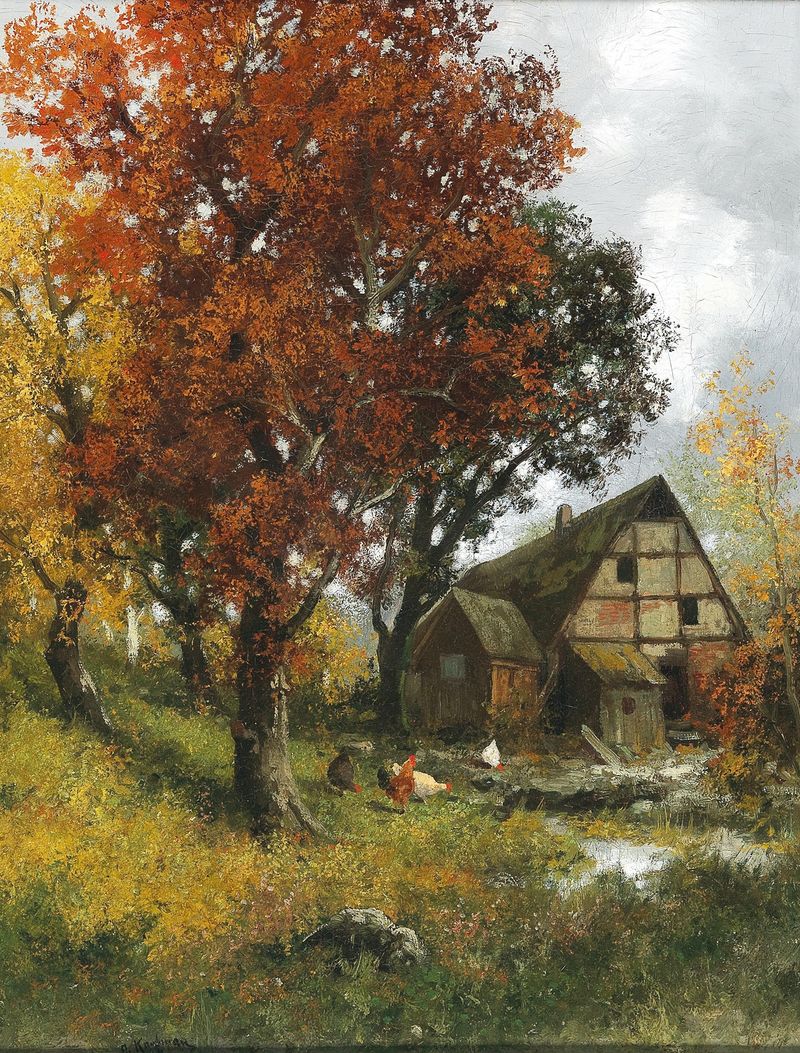 A Mill in an Autumnal Forest by Adolf Kaufmann, oil painting of a mill surrounded by autumn trees.