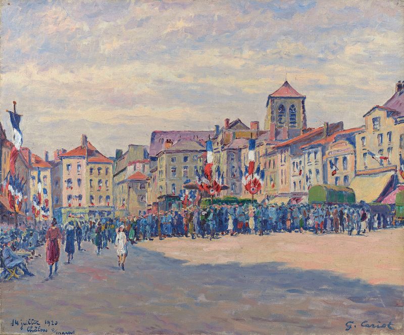 Escena histórica de celebración con fuegos artificiales, pintura al óleo de Gustave Cariot