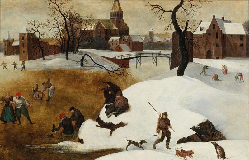 Winter landscape with skaters on a frozen pond, oil painting by Abel Grimmer