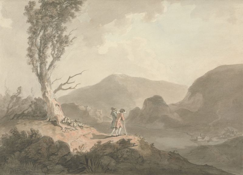 Dos hombres con un telescopio junto a un río, pintura al óleo de Samuel Davis