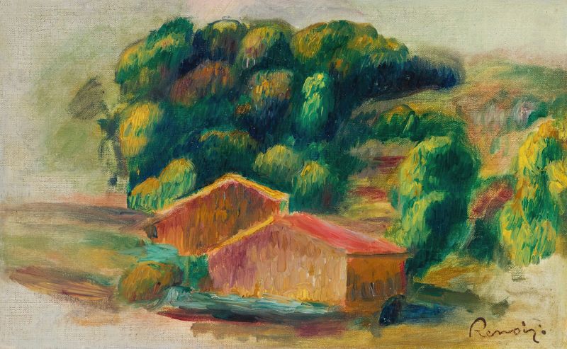 Óleo sobre lienzo de Pierre-Auguste Renoir que representa casas y techos en un paisaje