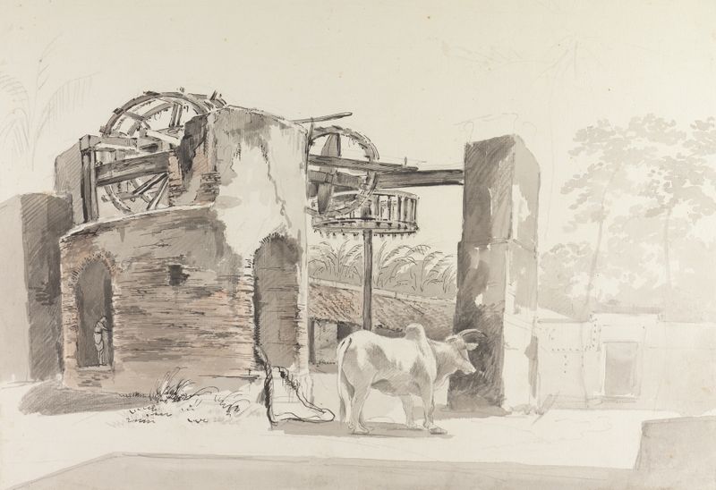 Landscape by William Hodges, ink on paper, featuring hills and foliage.
