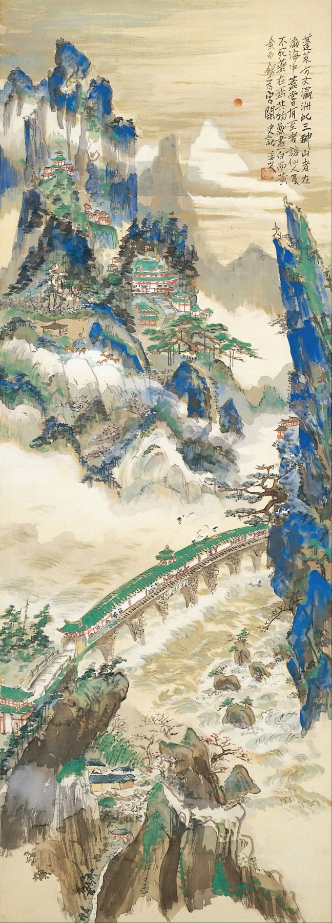 Paisagem de Mt. Penglai por Tomita Keisen, tinta sobre seda