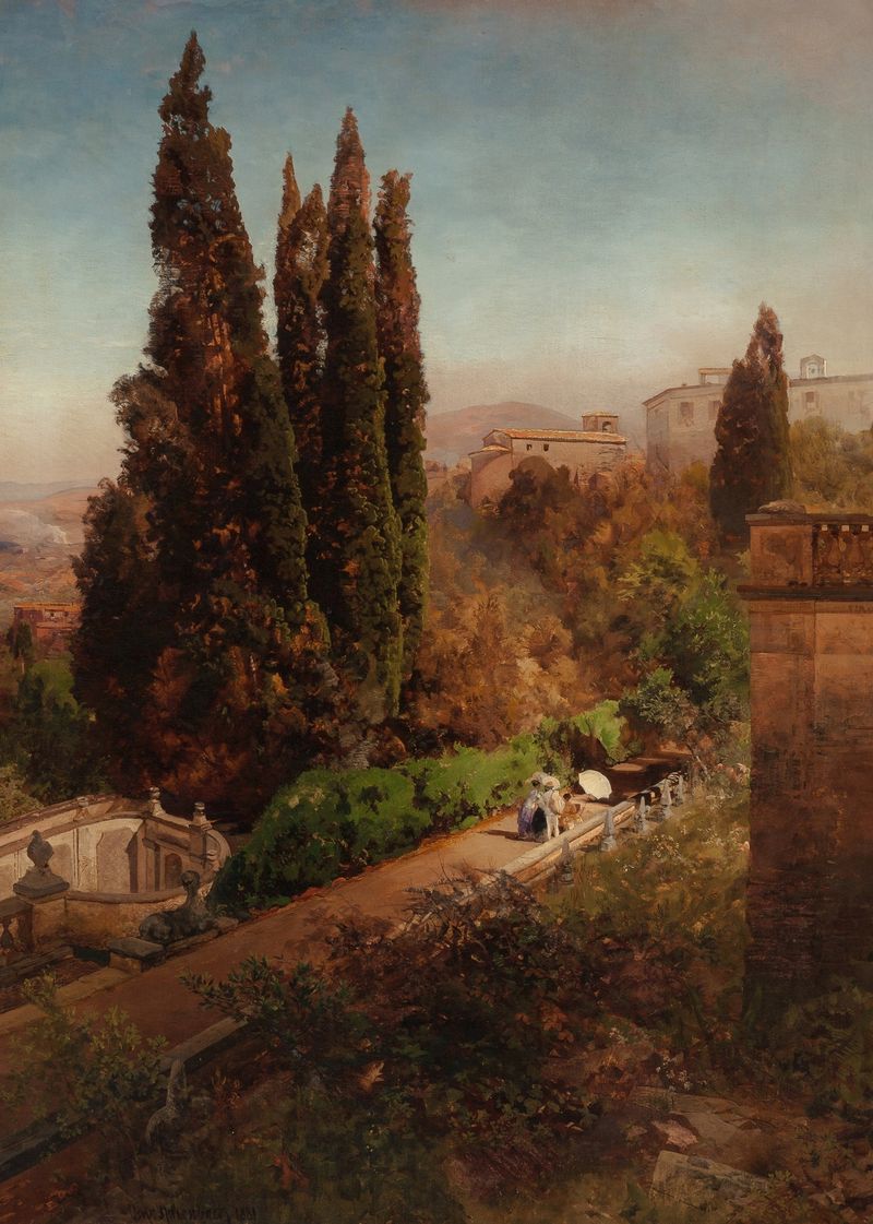 Paisaje de los jardines de Villa Torlonia, óleo de Oswald Achenbach