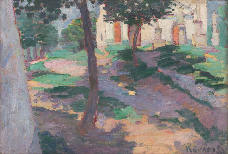 Architecture scene featuring a church and cobblestone path by Konštantín Kövári-Kačmarik, oil painting