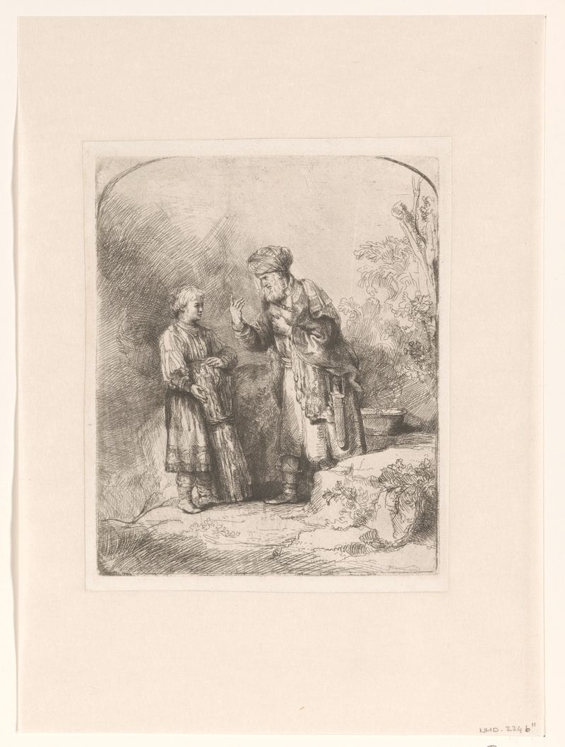 Abraham e Isaac, grabado de artista desconocido, que representa a un padre y un hijo en un momento tenso.