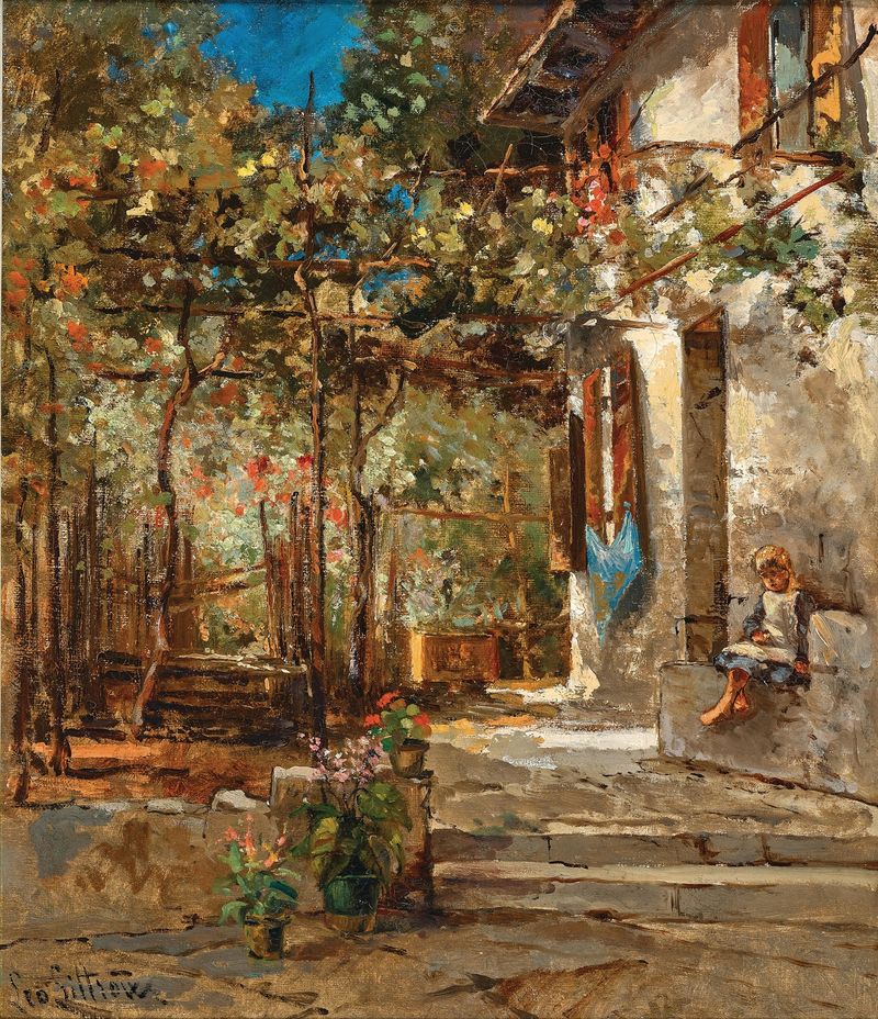 A girl seated on a veranda, illuminated by soft light, oil painting by Leontine von Littrow.