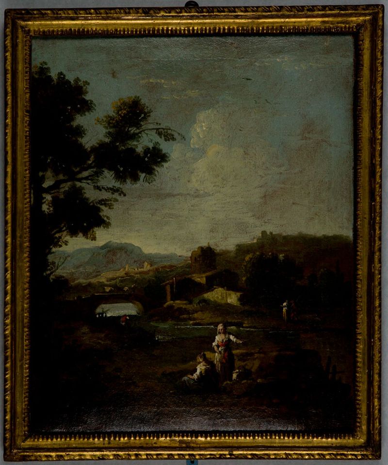 Landscape with Figures de Giuseppe Zais, óleo sobre lienzo que representa figuras en un entorno natural sereno.
