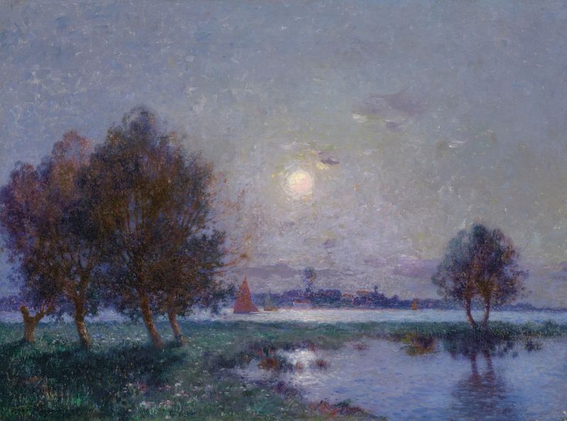 Bord de Loire au clair de lune, oil on canvas by Ferdinand du Puigaudeau depicting a serene river at night.
