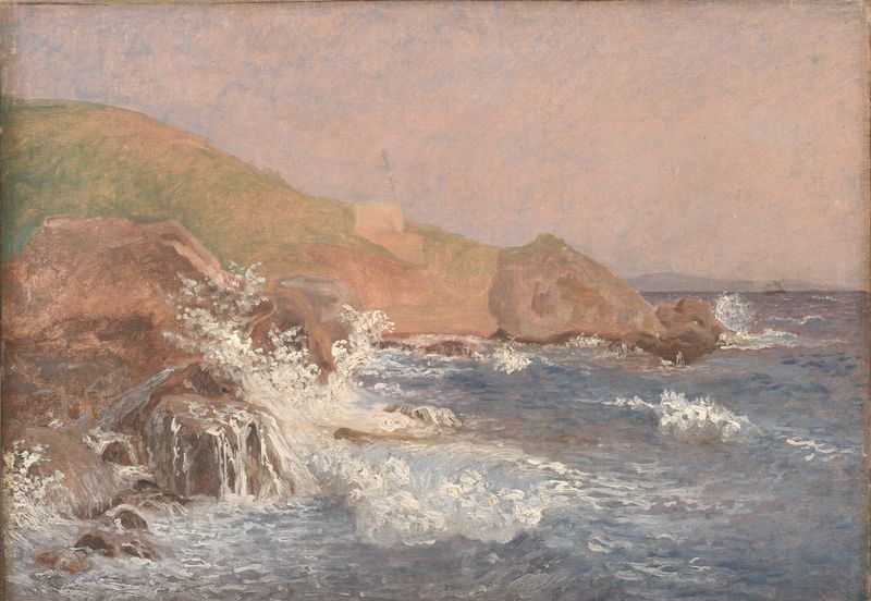 Rough Sea on a Rocky Coast, Capri de Christen Købke, óleo sobre lienzo que muestra olas y acantilados.