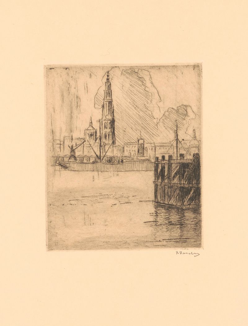 Abstract expressionism by Richard Baseleer featuring a tower above a river